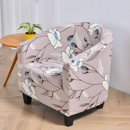 Stevvex club chair slipcover in light beige floral geometric print with spandex elastic on Tampa Home & Garden Store