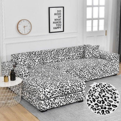 Leopard print sofa cover for L-shaped chaise; elastic bottom slipcover for living room on Tampa Home & Garden Store
