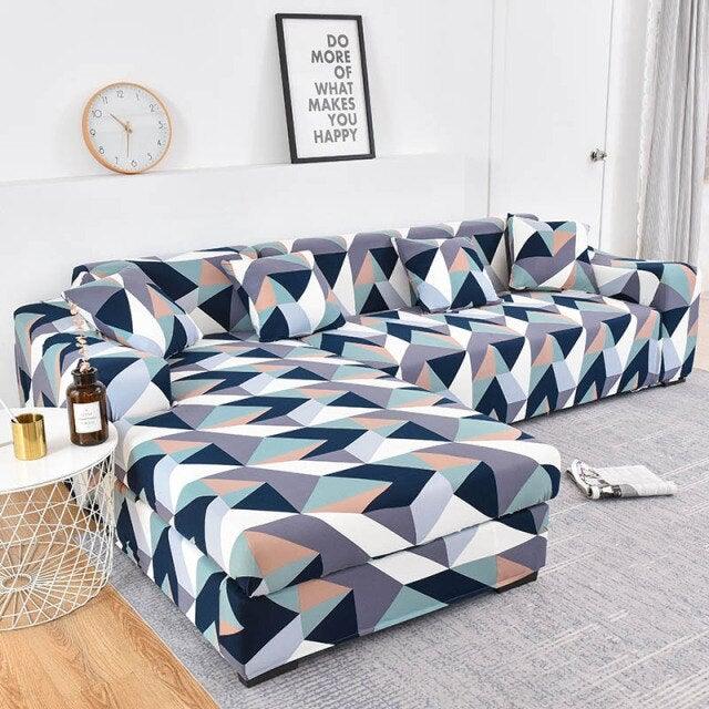 Sofa cover for L-shaped sectional with chaise, geometric blue-gray triangles, Stevvex on Tampa Home & Garden Store