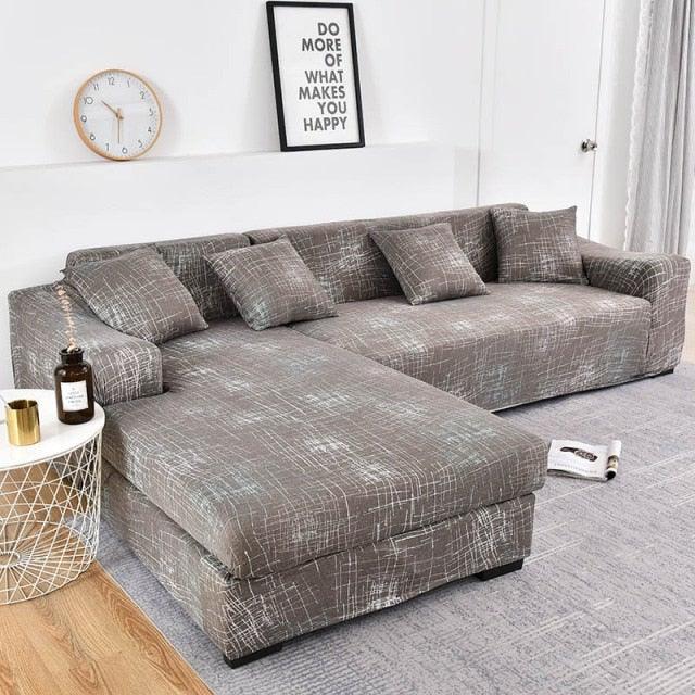 Stevvex jacquard sofa slipcover for L-shaped sectional with chaise, gray elastic bottom on Tampa Home & Garden Store