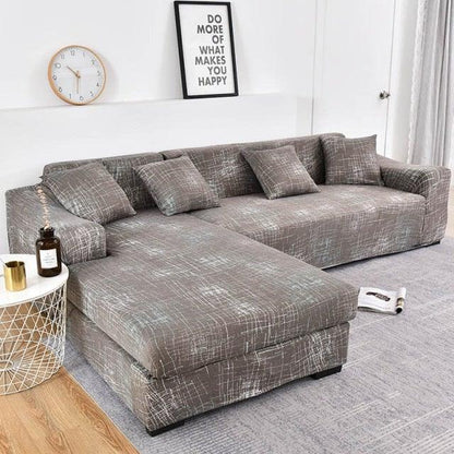 Stevvex jacquard sofa slipcover for L-shaped sectional with chaise, gray elastic bottom on Tampa Home & Garden Store