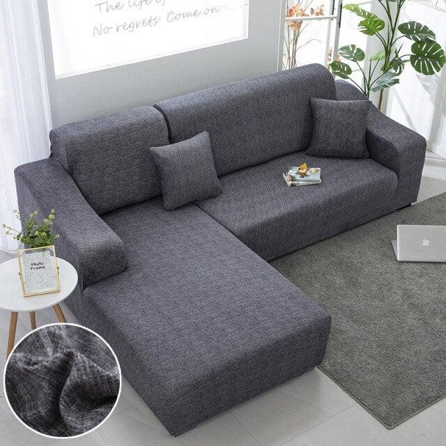 Sofa slipcover for L-shaped chaise by Stevvex in charcoal-gray jacquard with elastic bottom on Tampa Home & Garden Store