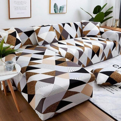 Sofa Cover Geometric Jacquard slipcover for L-shaped chaise sofa beige brown black triangles Stevvex on Tampa Home & Garden Store