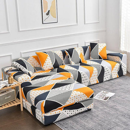 Sofa slipcover by Stevvex for L-shaped chaise lounge in geometric orange gray white print on Tampa Home & Garden Store
