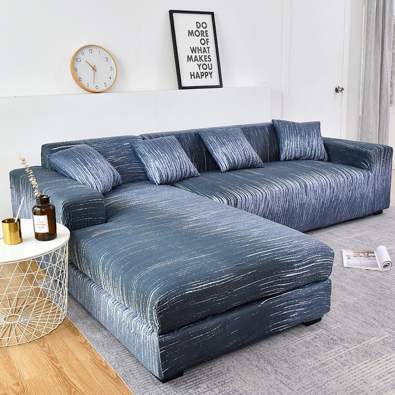 Sofa cover Stevvex blue jacquard geometric L-shaped chaise lounge slipcover with elastic bottom on Tampa Home & Garden Store