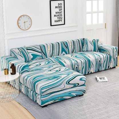 Sofa cover Stevvex teal marbled jacquard for L-shaped chaise, elastic bottom on Tampa Home & Garden Store