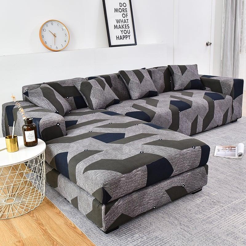 Stevvex geometric jacquard sofa cover for L-shaped chaise lounge, elastic-bottom, grey navy olive pattern on Tampa Home & Garden Store