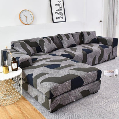 Stevvex geometric jacquard sofa cover for L-shaped chaise lounge, elastic-bottom, grey navy olive pattern on Tampa Home & Garden Store