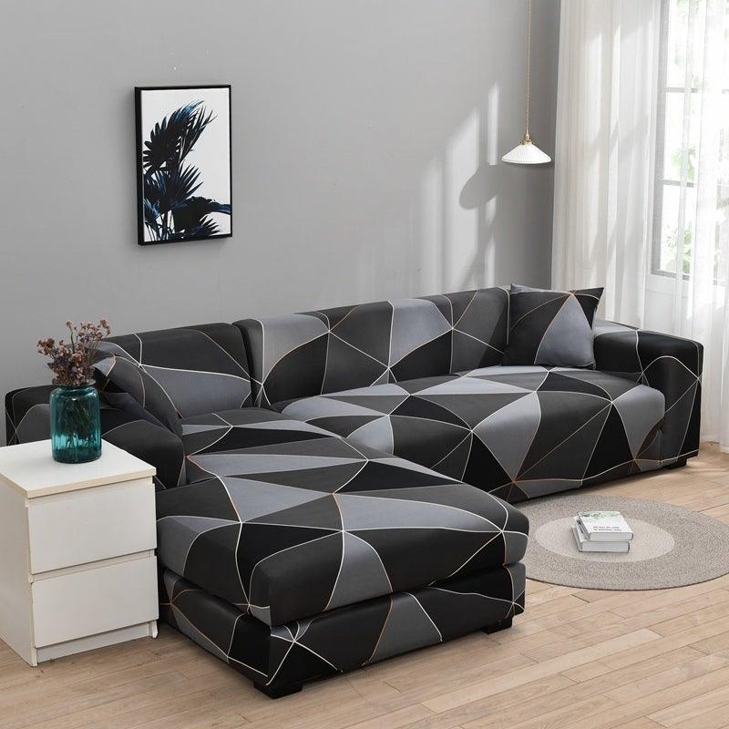 Geometric jacquard sofa slipcover for L-shaped sectional with chaise, Stevvex black gray pattern on Tampa Home & Garden Store
