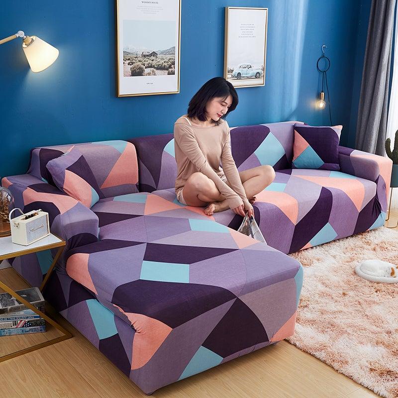 Geometric sofa cover by Stevvex for L-shaped chaise, elastic jacquard slipcover in purple teal on Tampa Home & Garden Store