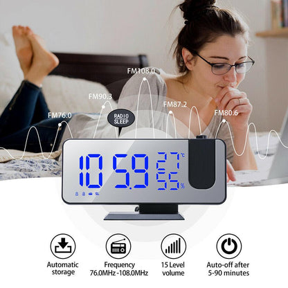 Stevvex LED digital alarm clock with projection and blue numerals on silver face on Tampa Home & Garden Store