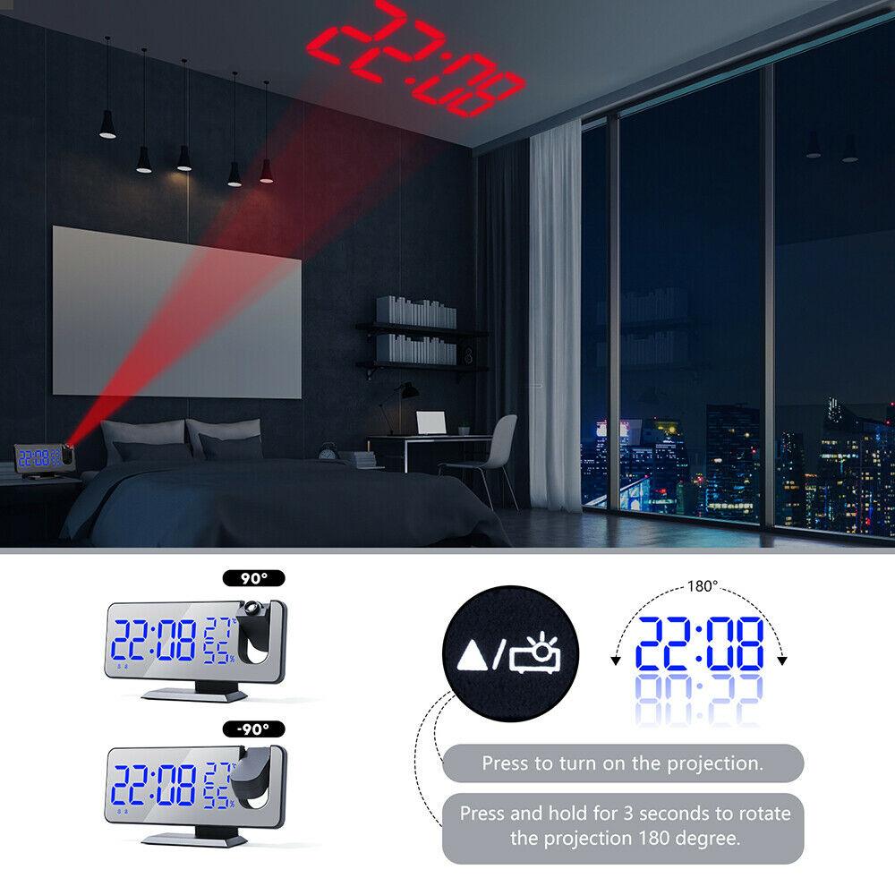 Stevvex LED projection alarm clock with USB charger, blue LED display rotatable projection on Tampa Home & Garden Store