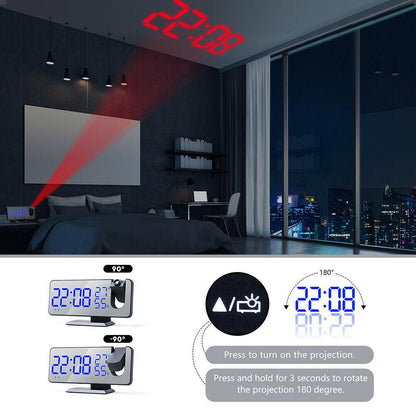 Stevvex LED projection alarm clock with USB charger, blue LED display rotatable projection on Tampa Home & Garden Store