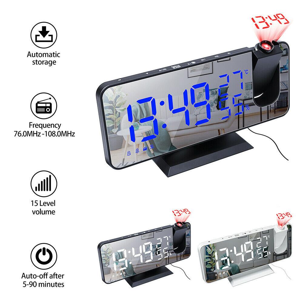Stevvex LED projection alarm clock with USB charger and FM radio, snooze, dimmer, blue display on Tampa Home & Garden Store