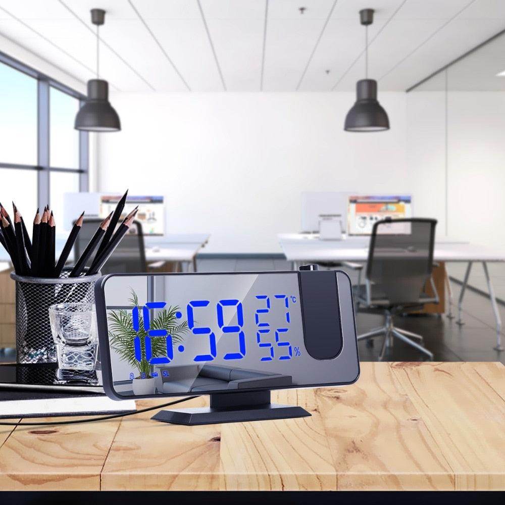 Stevvex LED digital alarm clock with large blue LED display and USB charger on desk on Tampa Home & Garden Store