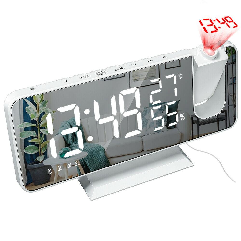 Stevvex LED projection desk clock with USB charger, white, FM radio on Tampa Home & Garden Store