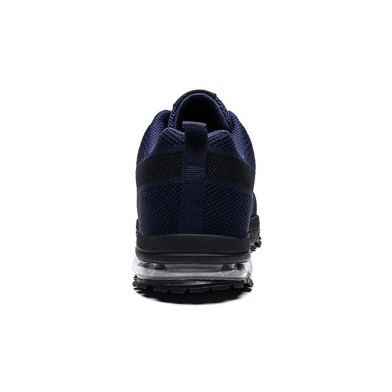 Stevvex running sneakers back view navy blue mesh upper, black heel, visible air sole outsole on Tampa Home & Garden Store