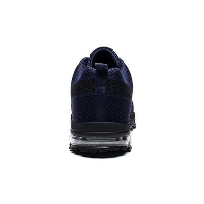 Stevvex running sneakers back view navy blue mesh upper, black heel, visible air sole outsole on Tampa Home & Garden Store