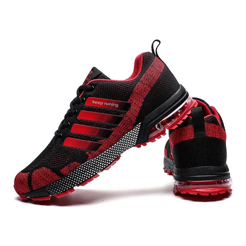 Stevvex men's running sneakers pair with red/black mesh, lace-up, low-top, breathable air-cushion sole on Tampa Home & Garden Store