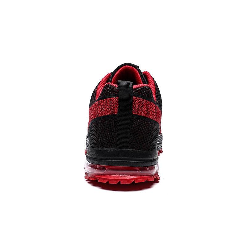 Stevvex athletic running sneakers back view in black and red with air cushion sole on Tampa Home & Garden Store