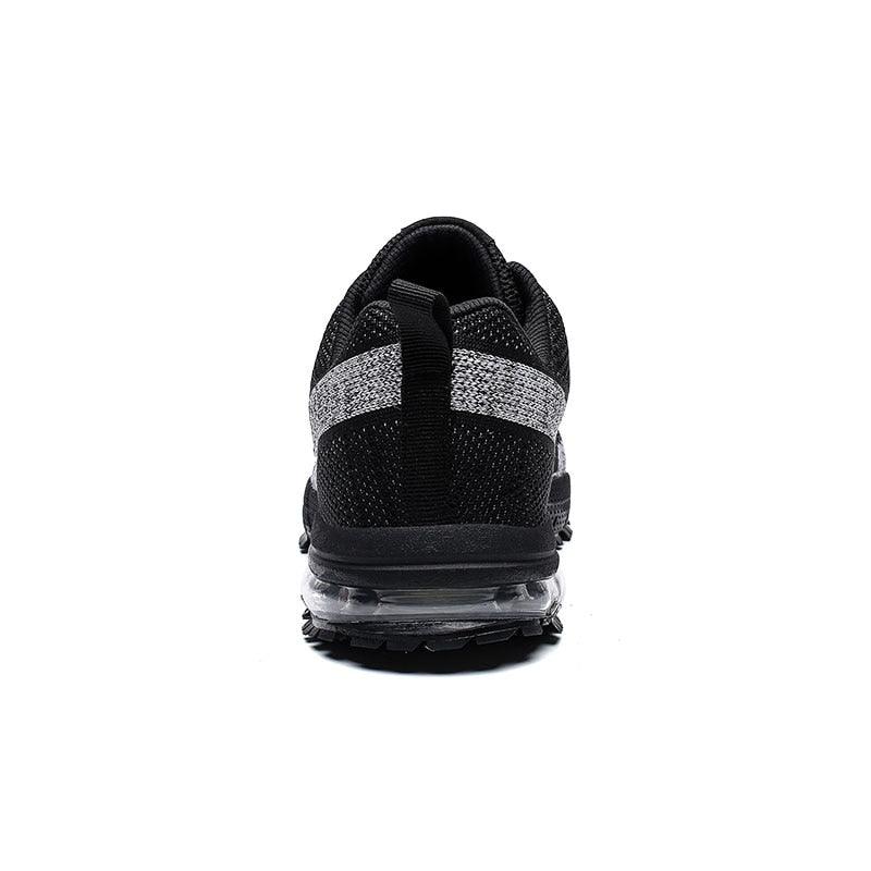 Stevvex men's running sneakers, black knit upper with silver stripe, breathable low top on Tampa Home & Garden Store