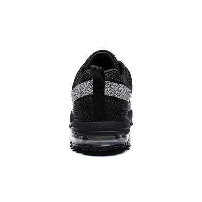 Stevvex men's running sneakers, black knit upper with silver stripe, breathable low top on Tampa Home & Garden Store