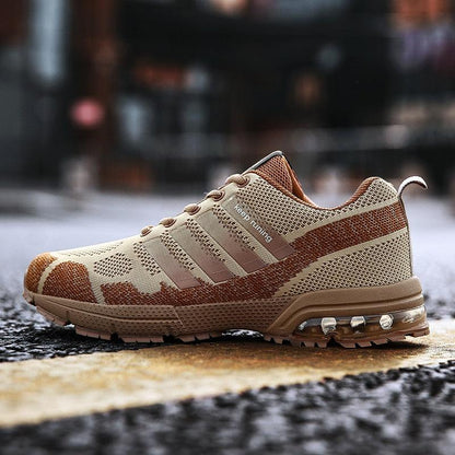 Stevvex men's lace-up running sneakers, beige-brown breathable knit with air cushion sole on Tampa Home & Garden Store