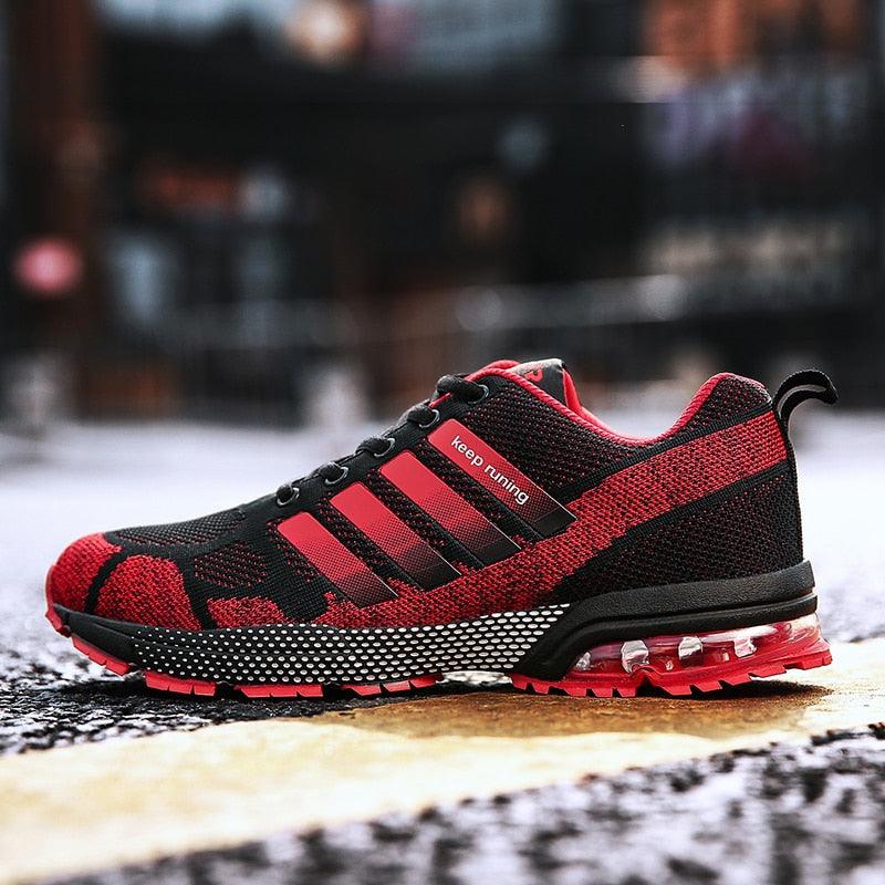 Stevvex running sneakers, black-red mesh upper, lace-up low-top athletic shoes with air cushion on Tampa Home & Garden Store