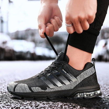Stevvex men's running sneakers with knit upper black gray lace-up athletic shoes air-cushion on Tampa Home & Garden Store