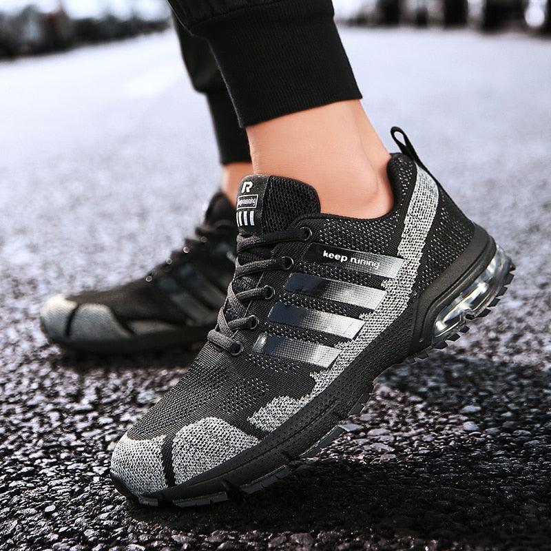 Stevvex running sneakers, black gray knit upper with lace-up and air cushion sole on Tampa Home & Garden Store