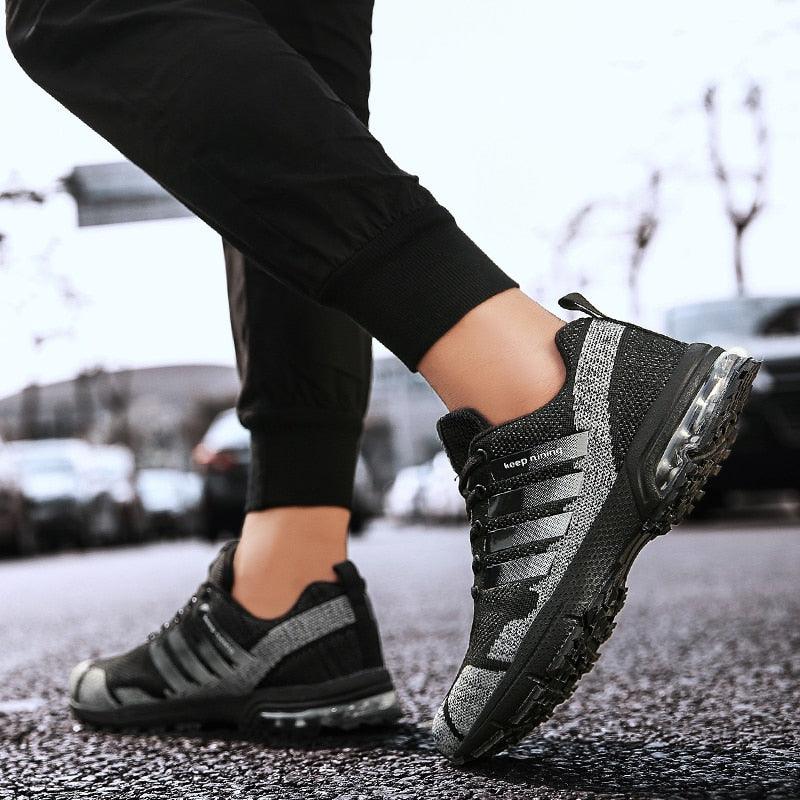 Stevvex men's running sneakers black/gray knit upper with air cushion sole lace-up athletic shoes on Tampa Home & Garden Store