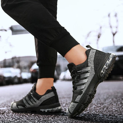 Stevvex men's running sneakers black/gray knit upper with air cushion sole lace-up athletic shoes on Tampa Home & Garden Store