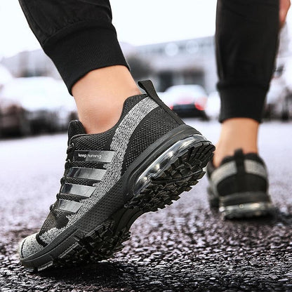Stevvex running sneakers, black and gray knit upper with lace-up, air-cushioned rugged outsole on Tampa Home & Garden Store