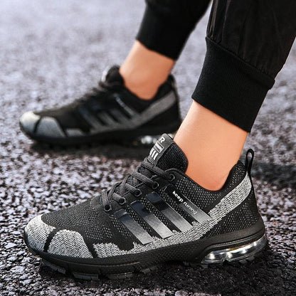 Stevvex running sneakers pair black gray knit upper air-cushion sole men's athletic shoes on Tampa Home & Garden Store