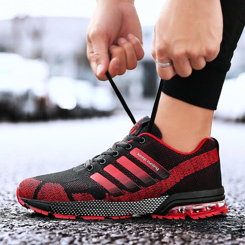 Stevvex running mens sneakers red/black knit air cushion sole, lace-up low top shoes on Tampa Home & Garden Store