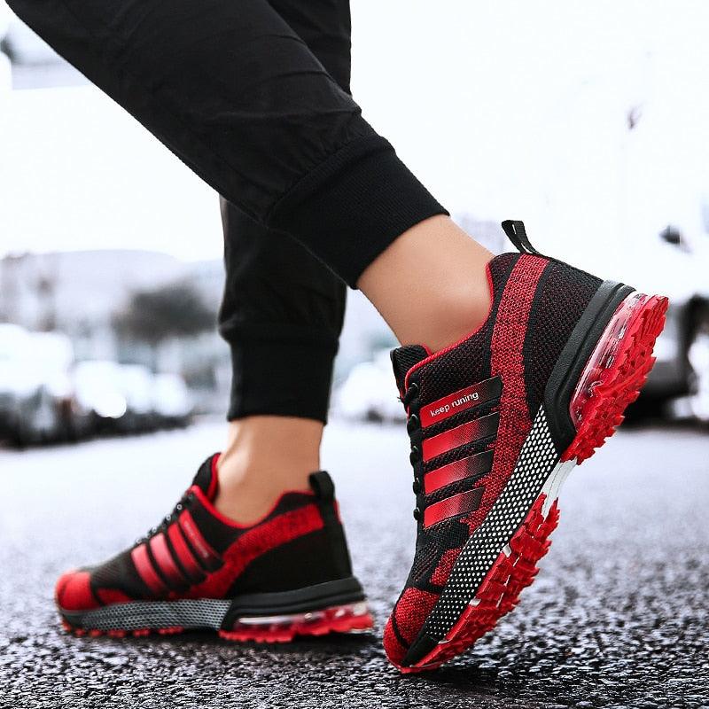 Stevvex men's red/black running sneakers with lace-up, breathable knit and air cushion sole on Tampa Home & Garden Store