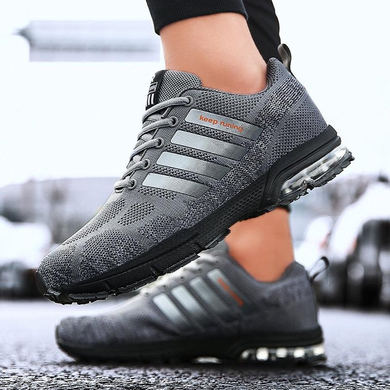 Stevvex mens running sneakers, gray knit upper, lace-up low-top with air-cushion sole on Tampa Home & Garden Store