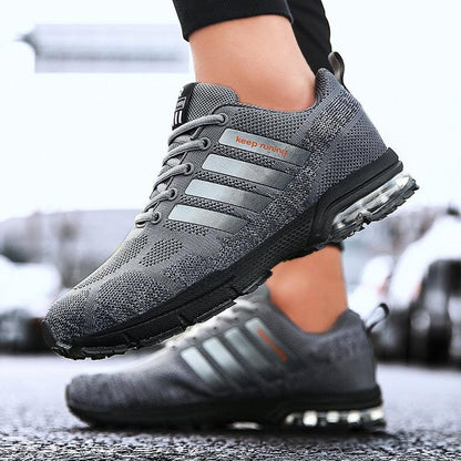 Stevvex mens running sneakers, gray knit upper, lace-up low-top with air-cushion sole on Tampa Home & Garden Store