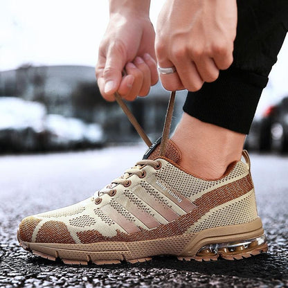 Stevvex running men's sneakers tan knit mesh upper, lace-up low top with air cushion sole on Tampa Home & Garden Store