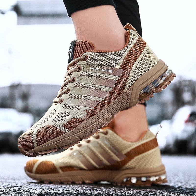 Stevvex running men's sport sneakers beige brown knit mesh lace-up with air cushion sole pair on Tampa Home & Garden Store