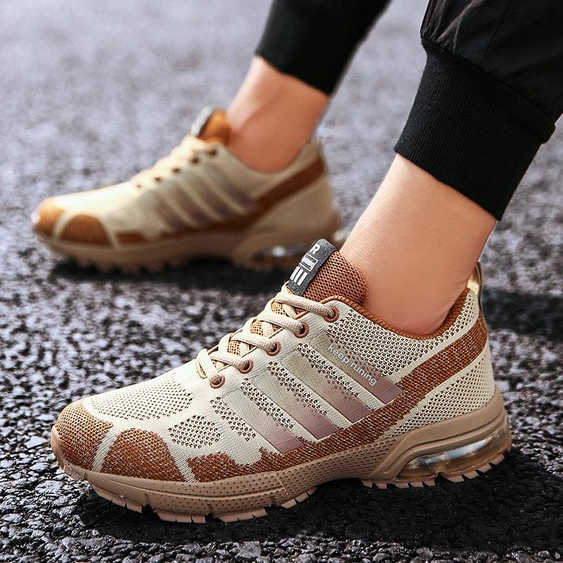 Stevvex beige mesh running sneakers pair with upper, lace-up low-top, air cushion sole on Tampa Home & Garden Store