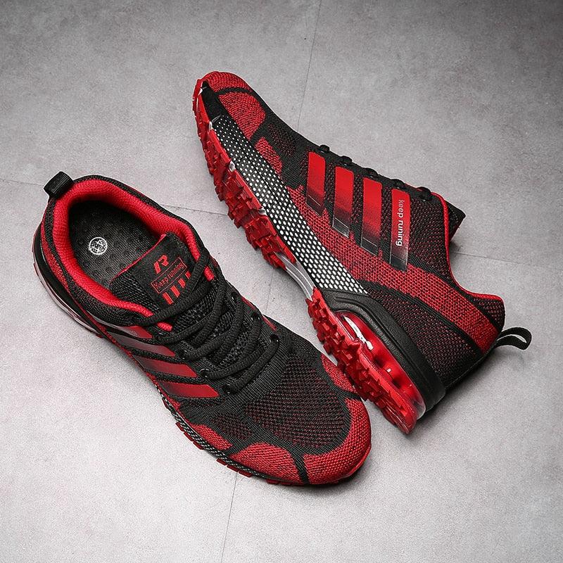 Stevvex running sneakers, black and red lace-up low-top athletic shoes with air cushion sole on Tampa Home & Garden Store