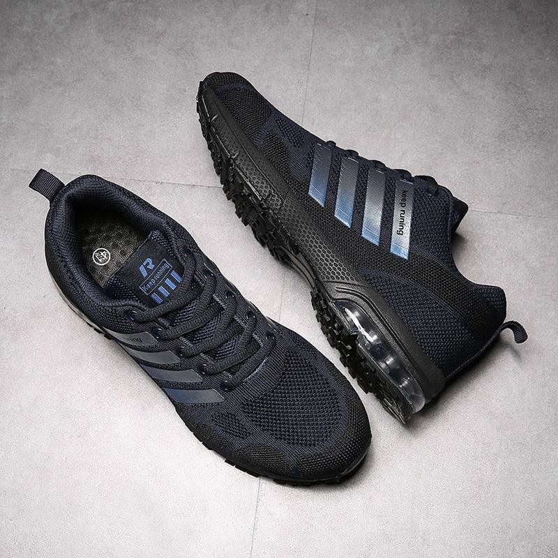 Running men's athletic sneakers Stevvex pair with air cushion, black mesh upper, lace-up low top on Tampa Home & Garden Store