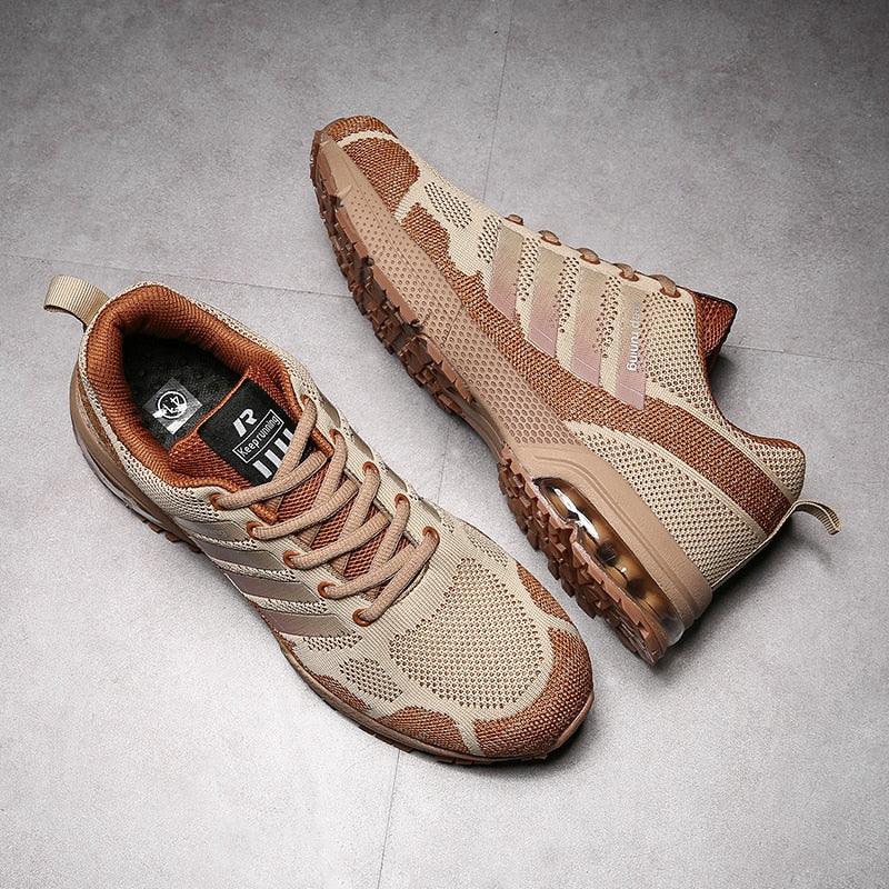 Stevvex men's running sneakers beige-brown mesh, lace-up low-top, air cushion sole pair on Tampa Home & Garden Store