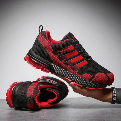 Stevvex running sneakers, black and red low-top athletic shoes with breathable mesh on Tampa Home & Garden Store