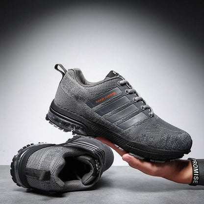 Stevvex running sneakers, grey knit upper, lace-up low-top athletic shoes, 2 shoes on Tampa Home & Garden Store