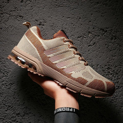 Stevvex running sneakers beige knit upper air-cushioned outsole lace-up low-top athletic shoes on Tampa Home & Garden Store