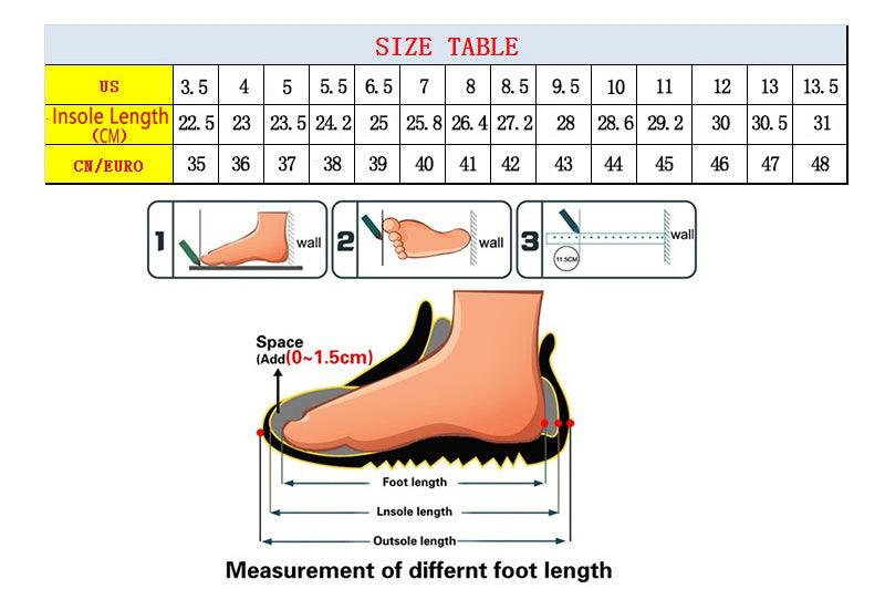 Stevvex men's sneakers size chart and footlength diagram with US CM Euro conversions on Tampa Home & Garden Store