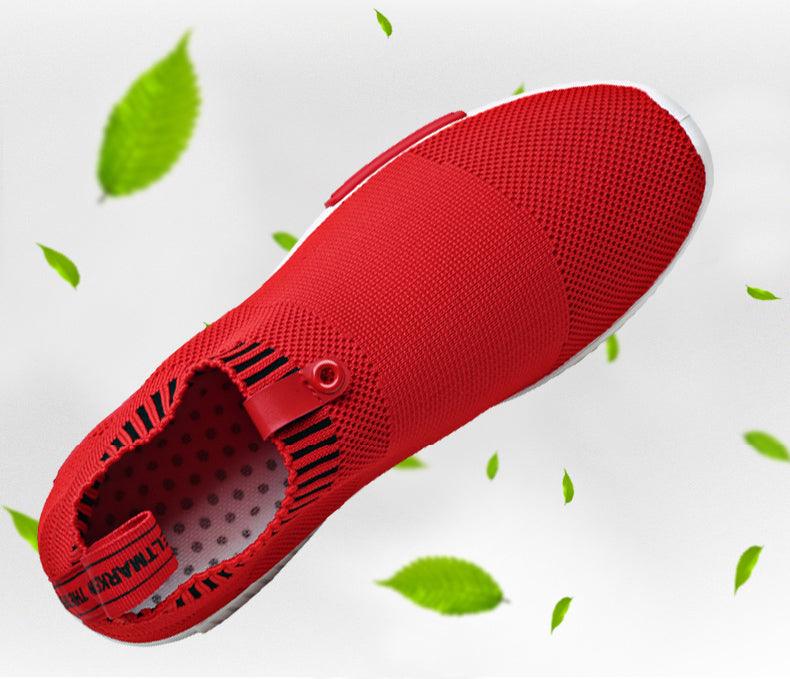 Red men's breathable mesh running shoes slip-on with knit upper and white outsole on Tampa Home & Garden Store