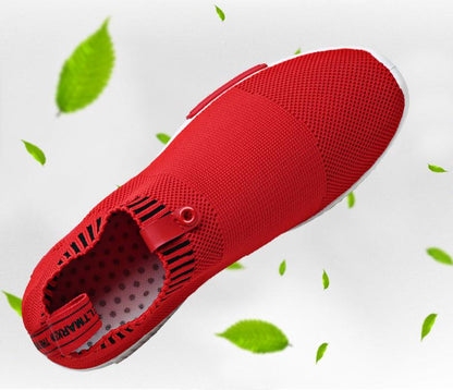Red men's breathable mesh running shoes slip-on with knit upper and white outsole on Tampa Home & Garden Store